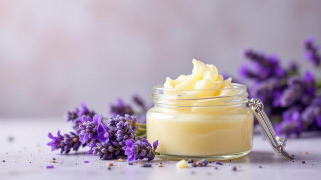 A jar of whipped beef tallow with lavender flowers as a garnish.