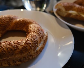 Close up delicious sesame simit bread beautifully served on plate