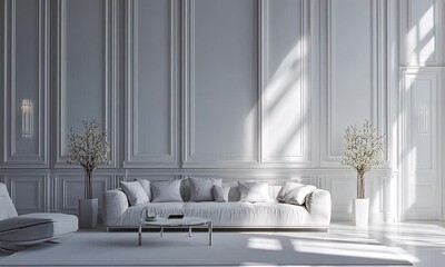 Minimalist White Living Room with Panelling and Sunlight