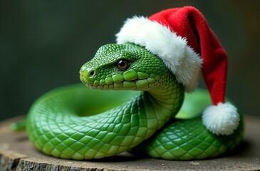 Fototapeta premium A green snake wearing a Santa Claus Christmas hat. The symbol of 2025 New Year. Image created by artificial intelligence
