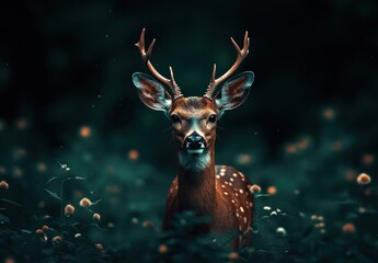 Fototapeta premium A stunning stag stands gracefully amidst lush greenery and delicate flowers, showcasing its characteristic antlers and charming features, embodying the tranquility of nature's beauty.