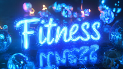 Blue neon sign 'Fitness' on reflective surface surrounded by glowing orbs.