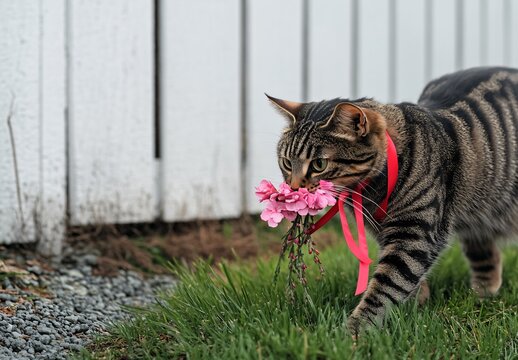 Striped Cat Carrying Pink Flowers in Garden