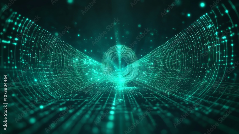 Poster abstract digital tunnel with glowing lights and particles in a dark background.