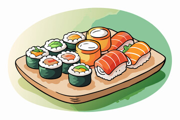 Watercolor Japanese Sushi Platter Vector Illustration