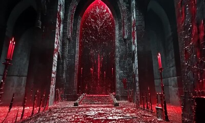 A Blood-Soaked Gothic Hallway Leading to an Arched Gateway - Powered by Adobe