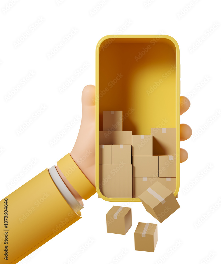 Poster hand holding a smartphone filled with cardboard boxes on white background. 3d rendering concept of o