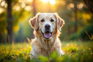 golden labrador dog in autumn forest path, smiling and looking at camera.