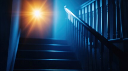 A dimly lit staircase illuminated by a warm light, evoking mystery and anticipation.