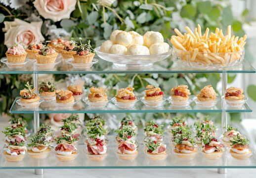 Elegant Wedding Appetizer Display with Canapes, Salad, and French Fries