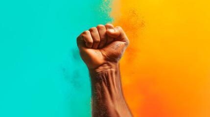 Male fist digital illustration on a color background. International Day. Concept banner for the presentation of the fight for your rights, justice and equality with space for text. Nelson Mandela.