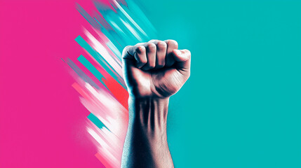 Male fist digital illustration on a color background. International Day. Concept banner for the presentation of the fight for your rights, justice and equality with space for text. Nelson Mandela.