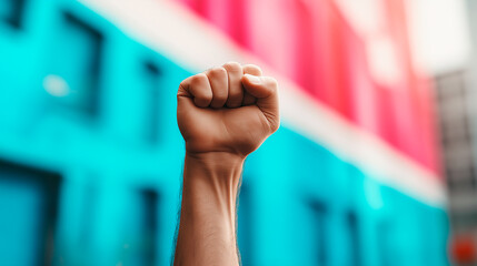 Male fist digital illustration on a color background. International Day. Concept banner for the presentation of the fight for your rights, justice and equality with space for text. Nelson Mandela.