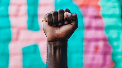 Male fist digital illustration on a color background. International Day. Concept banner for the presentation of the fight for your rights, justice and equality with space for text. Nelson Mandela.