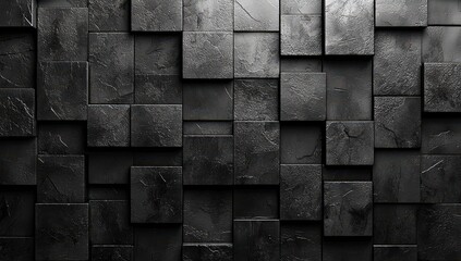 Black background with squares. Abstract geometric pattern of cubes in dark tones on a black background. Modern wallpaper for design, banner, or cover. 