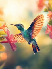 Fototapeta premium A vibrant hummingbird flits among blooming flowers, showcasing its stunning plumage and delicate wings. This enchanting scene captures the essence of nature's beauty and tranquility.