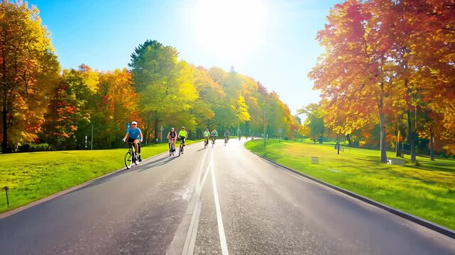 Cyclists riding along a sunlit road in a park surrounded by vibrant autumn foliage, capturing the essence of fall outdoor activities