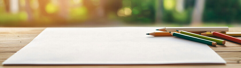 blank sheet of paper with colored pencils on wooden table, inviting creativity