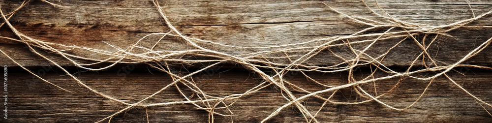 Poster tangled web of information: an intricate network of handwritten notes, stretching across a rustic wo