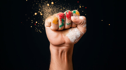 Male fist digital illustration on a color background. International Day. Concept banner for the presentation of the fight for your rights, justice and equality with space for text. Nelson Mandela.