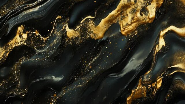 A close-up of black and gold paint swirling and mixing together, creating a unique abstract design