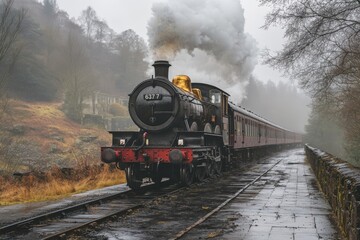 Naklejka premium Steam Train in Foggy Landscape Vintage Locomotive on Tracks