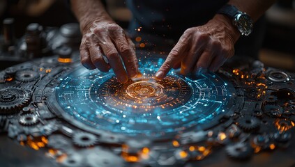 Businessman connecting gears with a digital hologram on a table, a concept of business process management or BPM in miniature scale and big data technology 