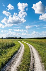 A winding gravel path traverses vibrant green fields under a clear blue sky dotted with fluffy clouds, showcasing the beauty of nature and the tranquility of rural landscapes.