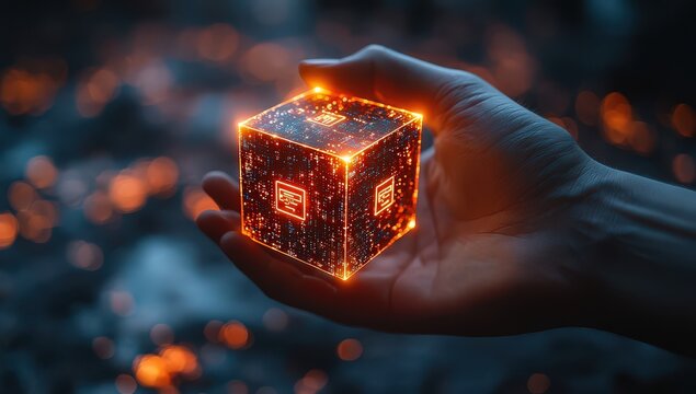 Businessman building blocks to form an artificial intelligence symbol on a dark background. This is a business technology concept with a businessman's hand holding a glowing cube and a light effect. - Powered by Adobe