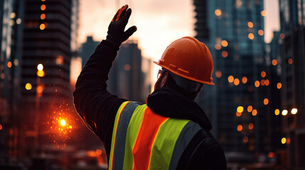 Construction worker waves at sunset, showcasing a vibrant urban landscape.