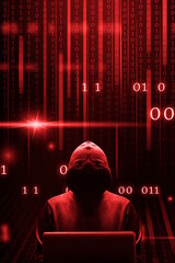 Silhouette centr&eacute;e du cybercriminel devant son &eacute;cran d'ordinateur portable sur fond de donn&eacute;es binaires rouge format  vertical portrait