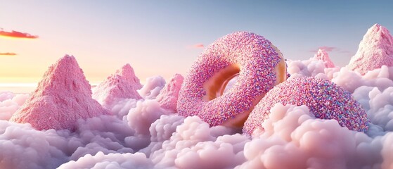 Whimsical Pastel Dreamscape with Fluffy Clouds and Mountain Peaks at Sunset