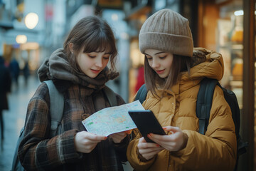 Young friends exploring a city while checking a map and smartphone together