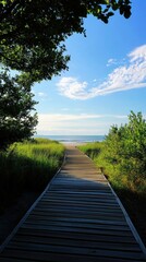 Obraz premium A tranquil wooden walkway leads through lush greenery towards a serene beach, framed by a clear blue sky and gentle waves, inviting reflection and relaxation in nature.