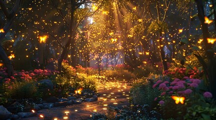 Naklejka premium Futuristic Garden Holography Fireflies Celebrating the Summer Solstice