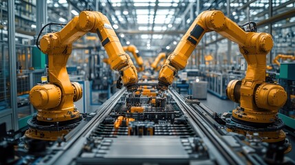 Industrial robots assembling products in a modern factory.