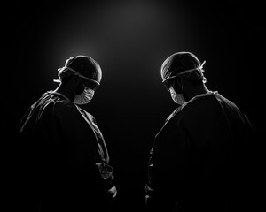 This striking black and white image captures two masked figures poised in quiet contemplation, embodying the dedication and resilience of healthcare professionals in the operating room.