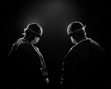 This striking black and white image captures two masked figures poised in quiet contemplation, embodying the dedication and resilience of healthcare professionals in the operating room.