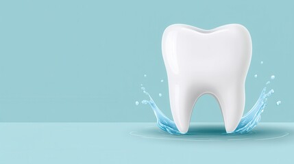 A shiny, white tooth surrounded by splashes of water against a soft blue background, symbolizing dental hygiene and health.