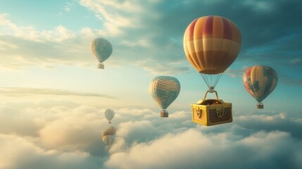 Fototapeta premium Hot Air Balloons Flying Above Clouds with Treasure Chest