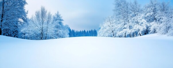 Cold blue lighting on a snowy landscape, ethereal and calm winter mood