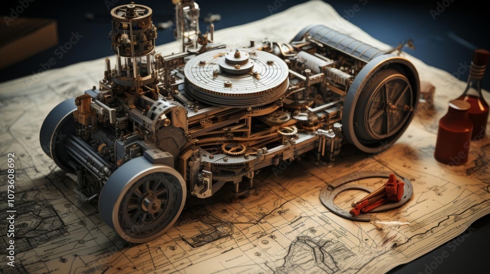Fototapete a model of a steam engine is on a table next to a map