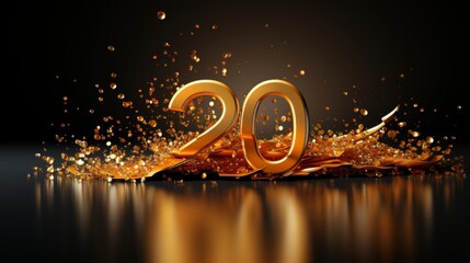 A gold number twenty is surrounded by glittering gold