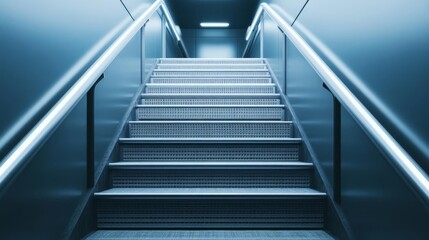 Fototapeta premium Cold industrial lighting on a metal staircase, minimalist and sleek urban design