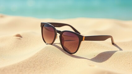 Obraz premium Stylish Minimalist Sunglasses on Sandy Beach for Summer Vibes