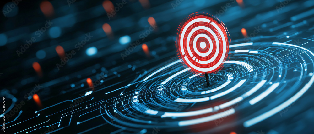 Poster neon target hovering above futuristic grid, symbolizing precision and focus