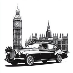 Fototapeta premium Classic New York taxi vector illustration with Big Ben in the background, drawn in a retro style. The taxi is in a side view, with flat shading and bold outlines, minimal detail