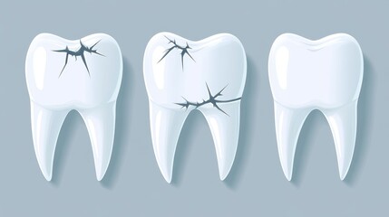 Three cracked teeth are illustrated on a light gray background, showcasing their damage with visible fissures and imperfections.