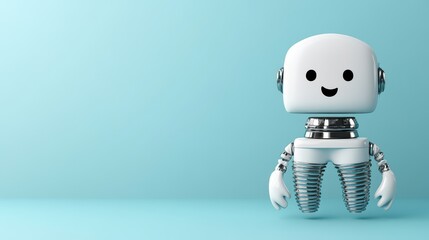 Fototapeta premium A friendly, minimalist robot with a smiling face and metallic springs for arms and legs, set against a soft blue background.