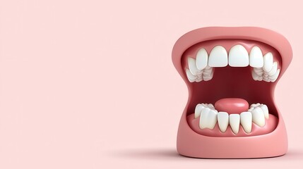 A stylized mouth model displaying bright white teeth and a pink base against a soft, neutral background.